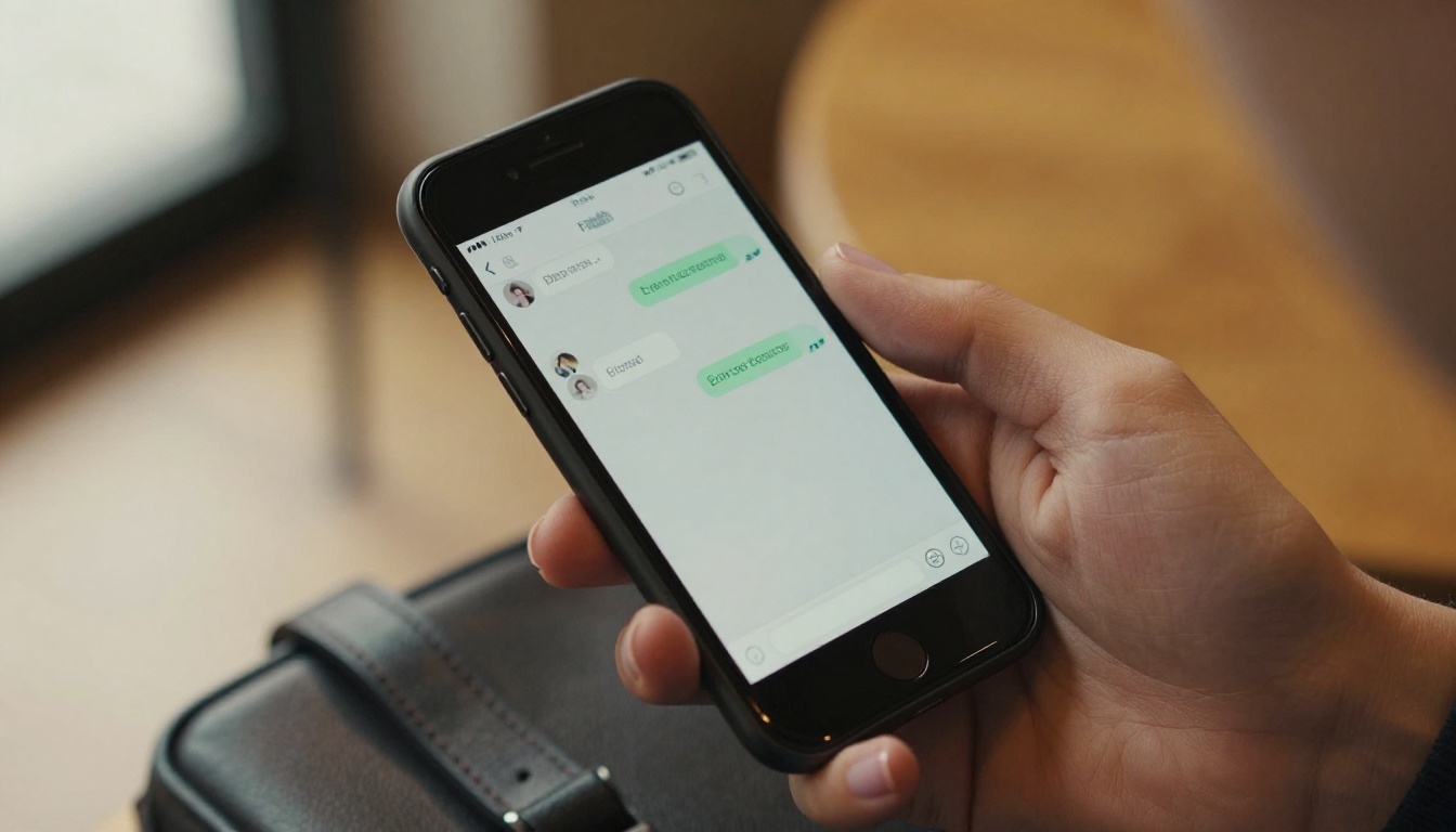 Hand holding smartphone showing chat conversation in warm coffee shop
