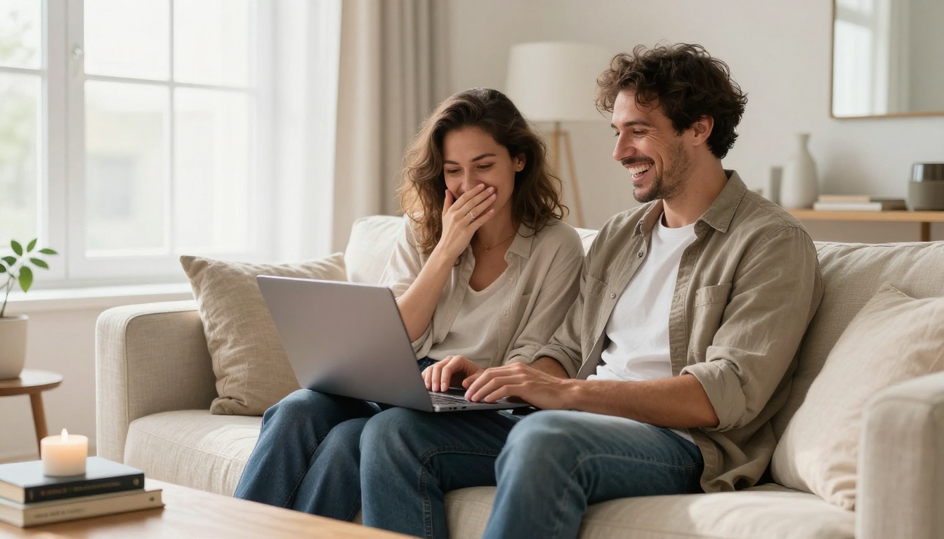 Man and woman laughing together at a shared laptop on a bright cream sofa