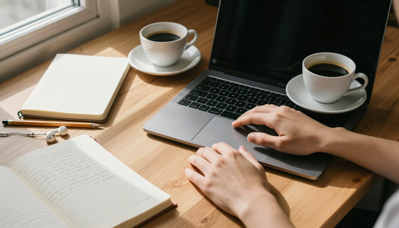Overhead flat-lay of laptop, coffee and notebook on walnut desk