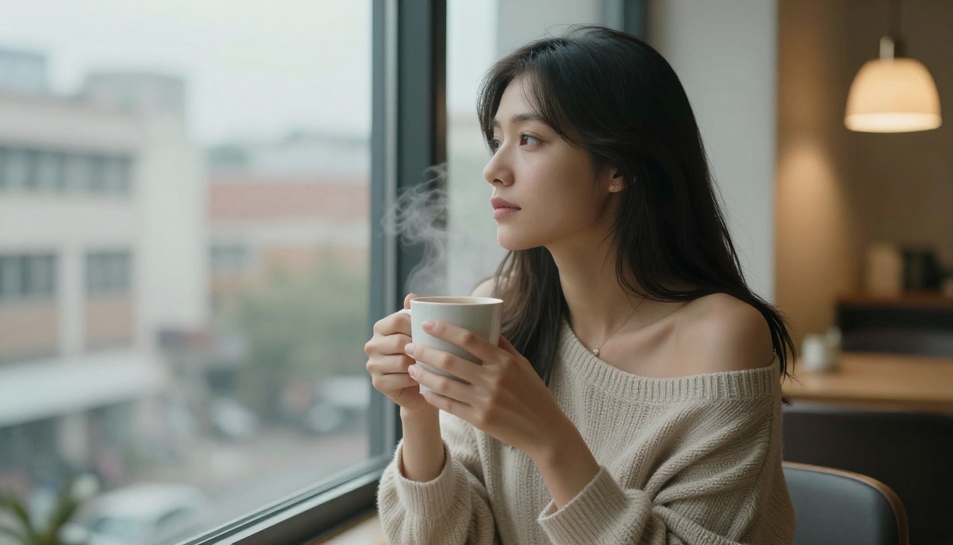 Woman in off-shoulder top by window with morning coffee
