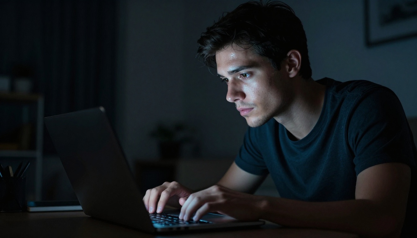 Man focused at laptop with screen glow at night