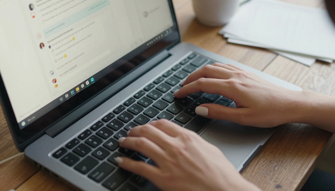 Woman hands typing on black keyboard aerial view