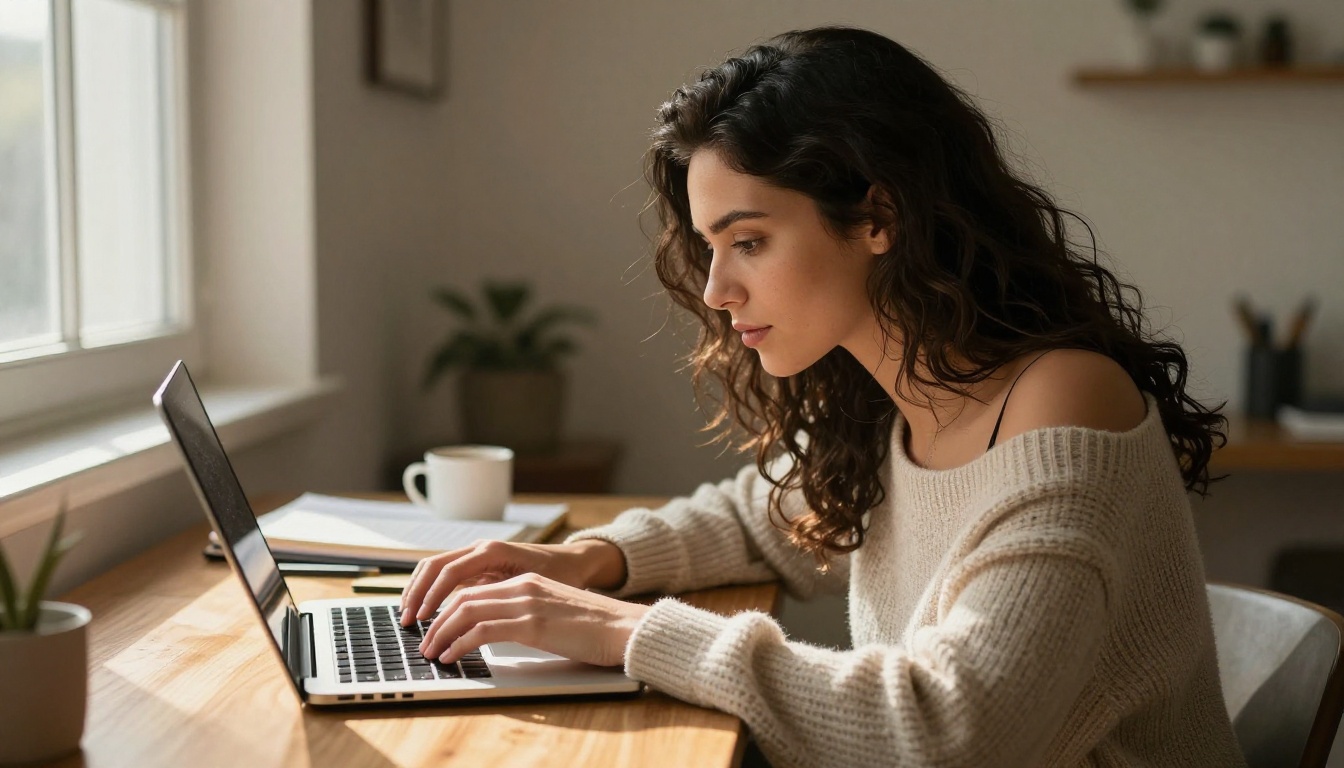 Woman typing on laptop in sunlit home office
