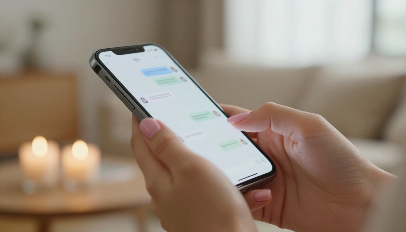 Close-up of hands holding smartphone with chat interface