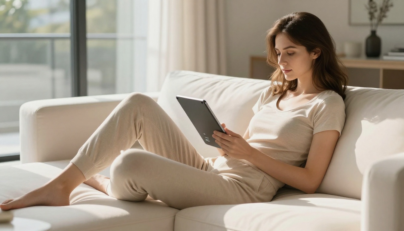 Beautiful woman on white couch with tablet and afternoon light