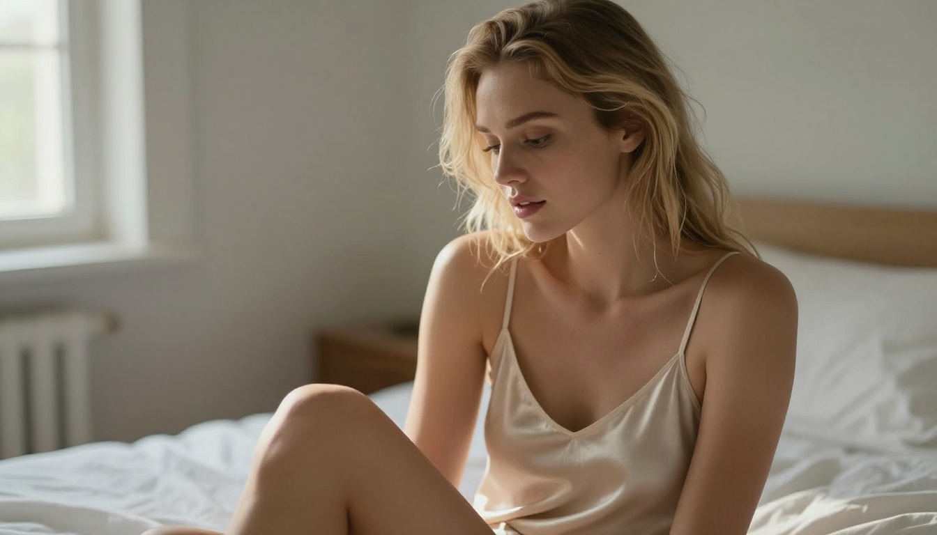 Blonde woman in silk slip sitting on white linen in morning light
