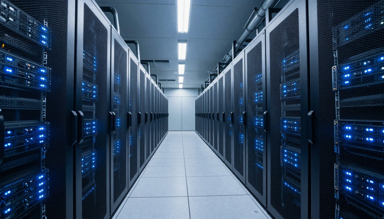 Modern data center server corridor with glowing rack LEDs Modern data center server corridor with glowing rack LEDs