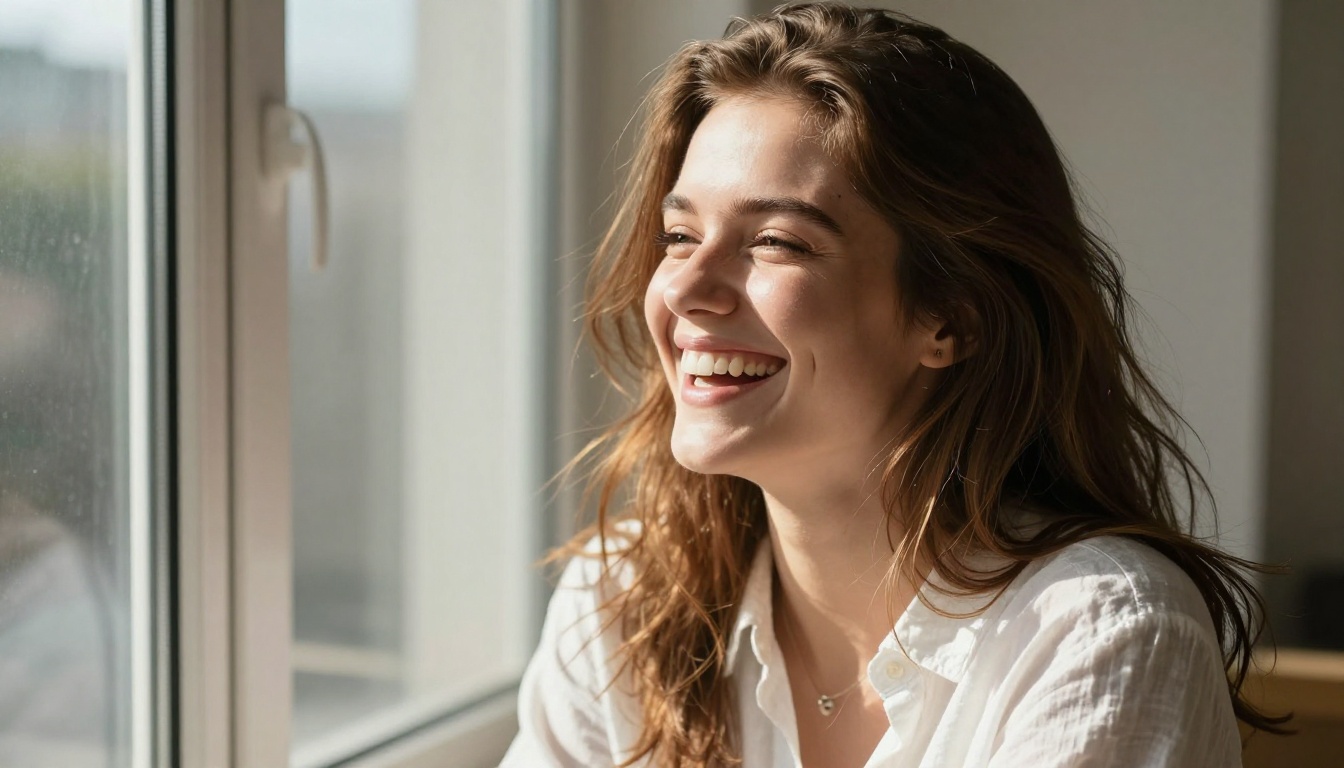 Woman laughing genuinely by sunlit window, chestnut hair backlit