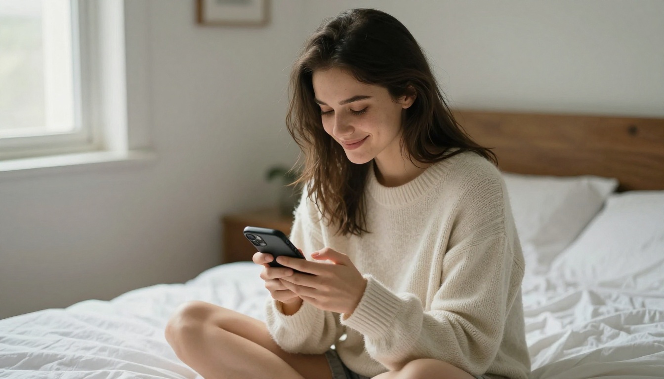 Young woman smiling at phone cross-legged on bed in morning light