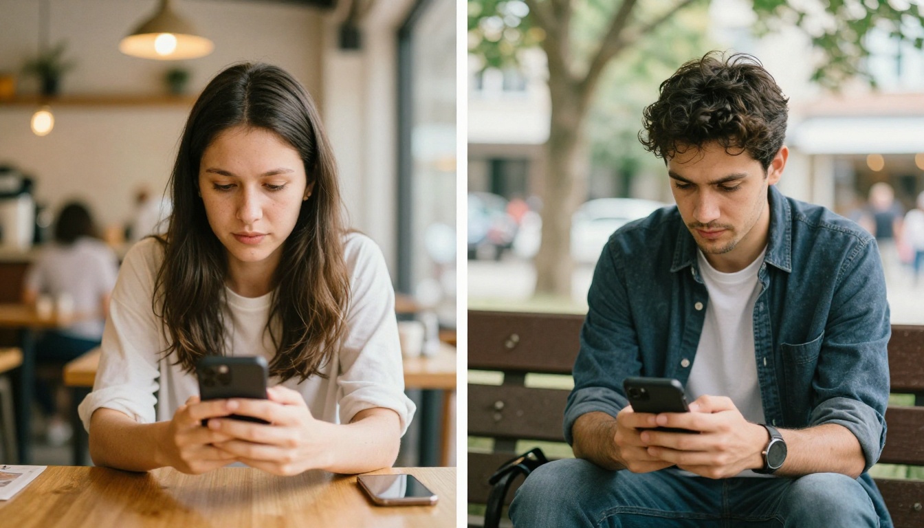 Two people on separate phones texting, cafe and park backgrounds Two people on separate phones texting, cafe and park backgrounds