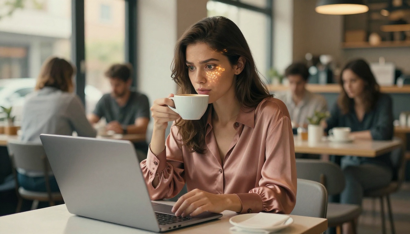 Woman in cafe with coffee and laptop, warm golden afternoon light Woman in cafe with coffee and laptop, warm golden afternoon light