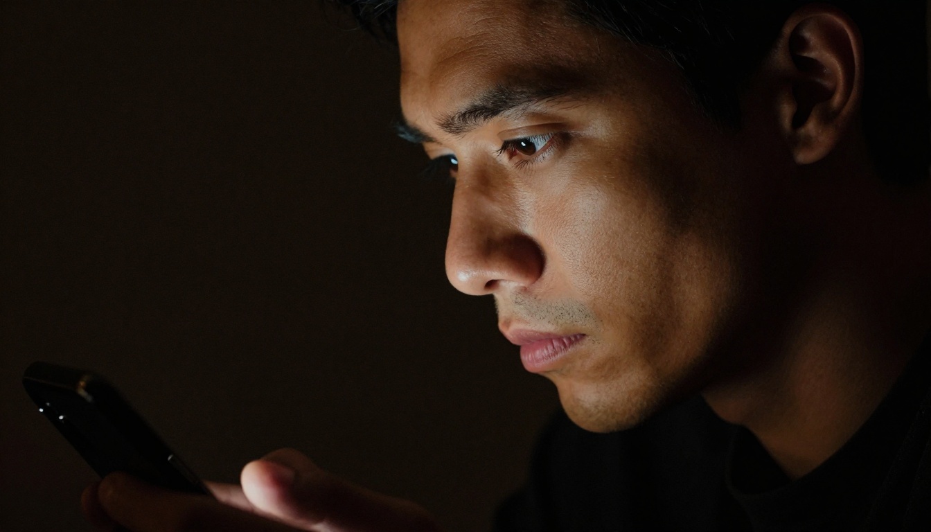 Man's face lit by phone screen glow in complete darkness Man's face lit by phone screen glow in complete darkness