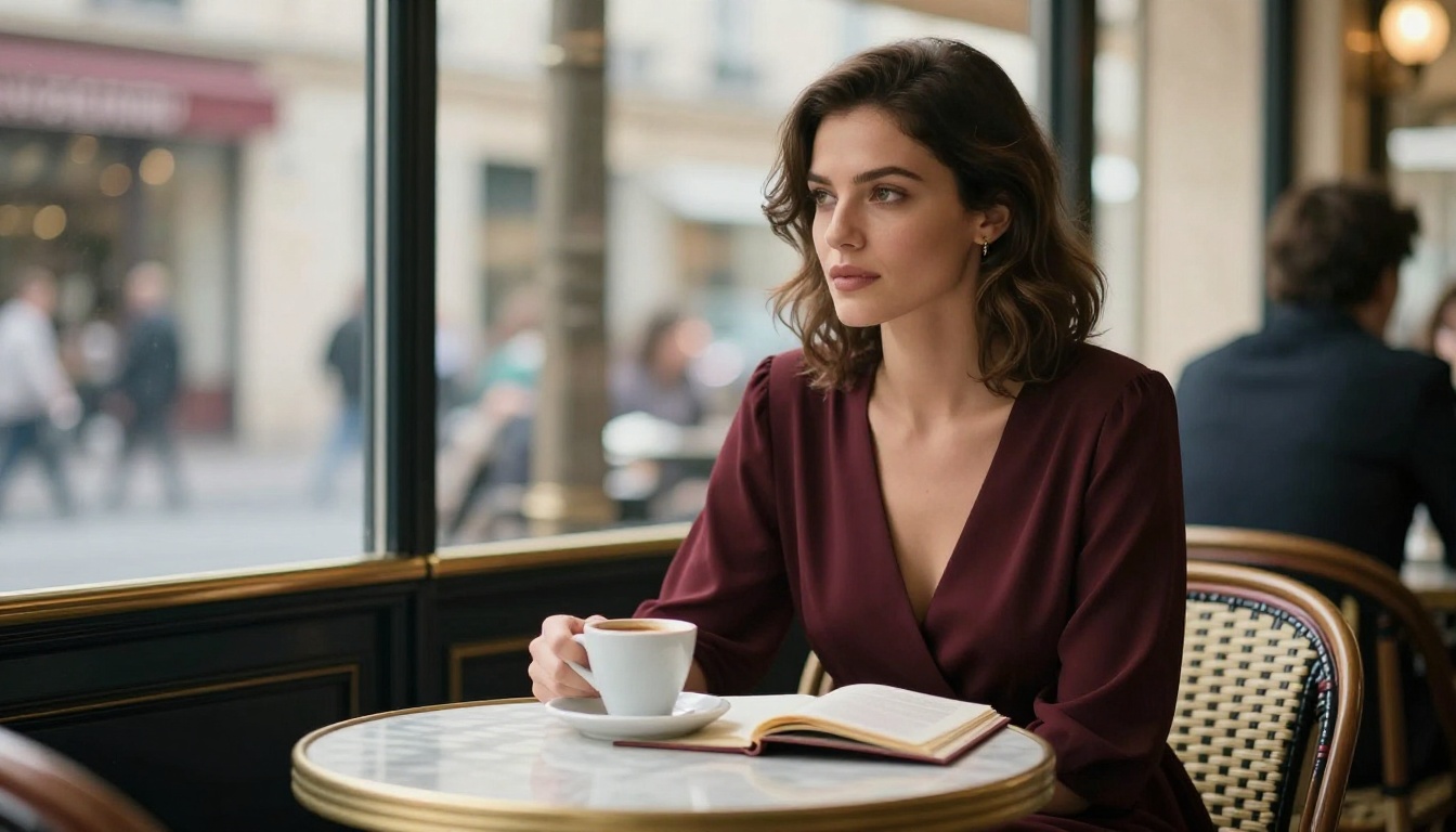 Beautiful woman seated at Parisian café, thoughtful expression, afternoon light
