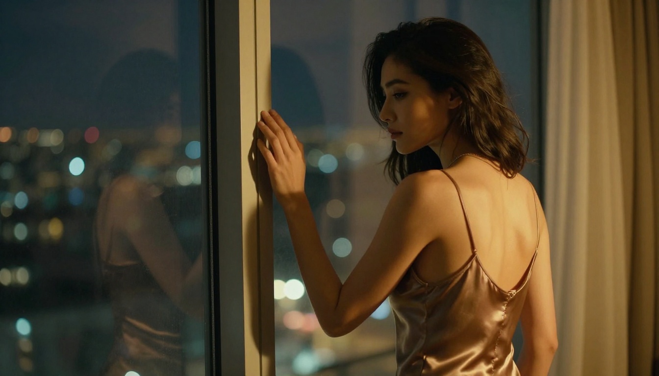 Woman standing by night window, city lights bokeh, satin slip dress