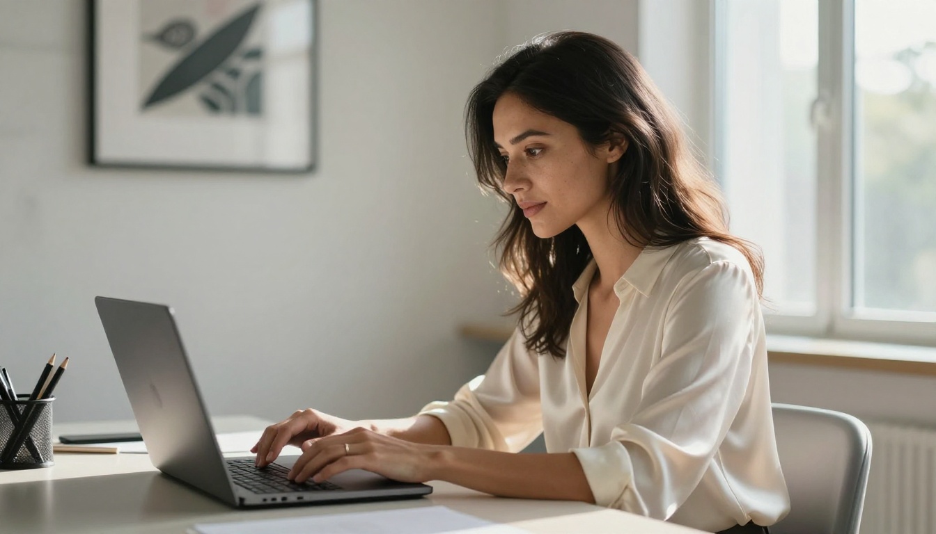 Woman working at laptop in minimalist home office with natural daylight