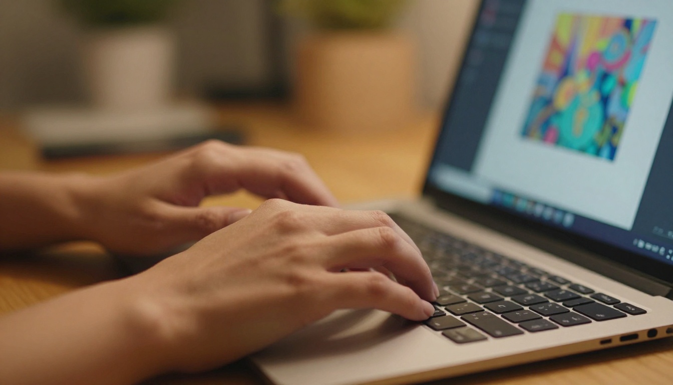 Close-up of feminine hands typing on a keyboard with colorful AI-generated art visible on a phone screen in background
