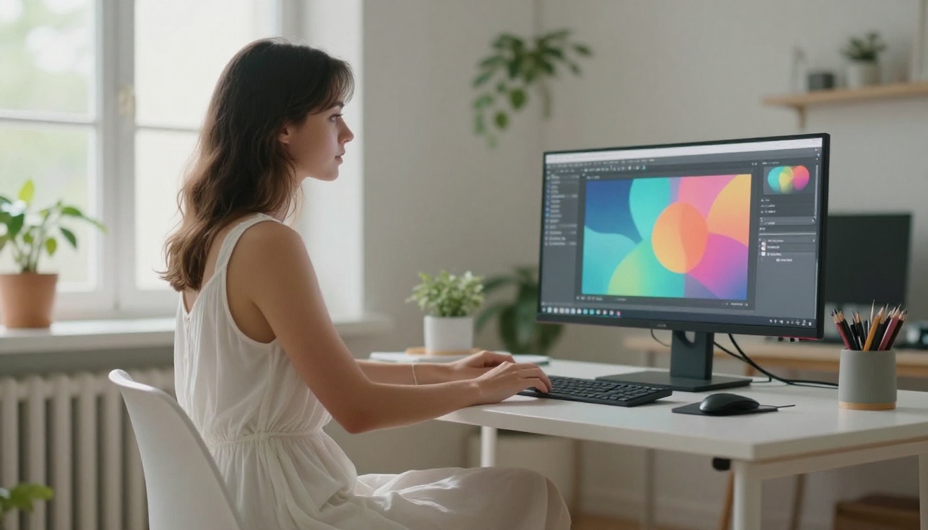 Woman at a minimalist white desk in a bright Scandinavian room, working on a creative AI interface