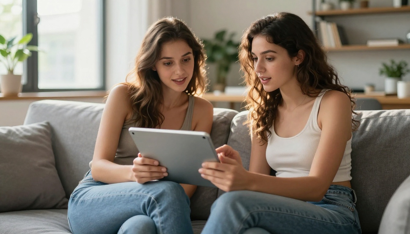 Two women on a grey sofa looking at a tablet together, natural backlight from window, curious and amused expressions
