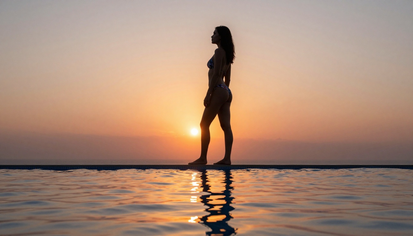 Woman in a floral bikini at the edge of an infinity pool, warm golden sunset reflected in the water, dramatic low-angle ground-level perspective