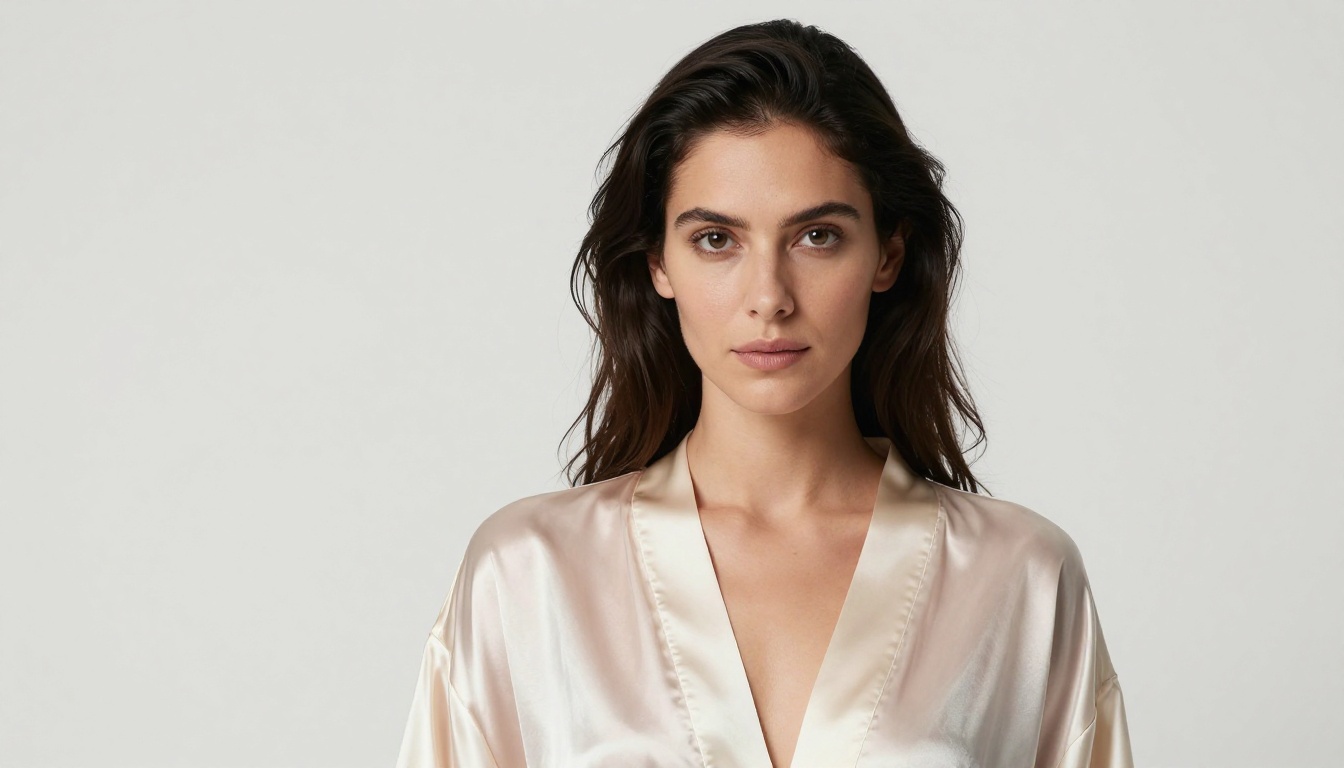 Studio fashion portrait: a woman in a sheer silk robe, slipped off one shoulder, shot with a Phase One IQ4 150MP medium format camera, three-point lighting, pure white background, 8K photorealistic quality