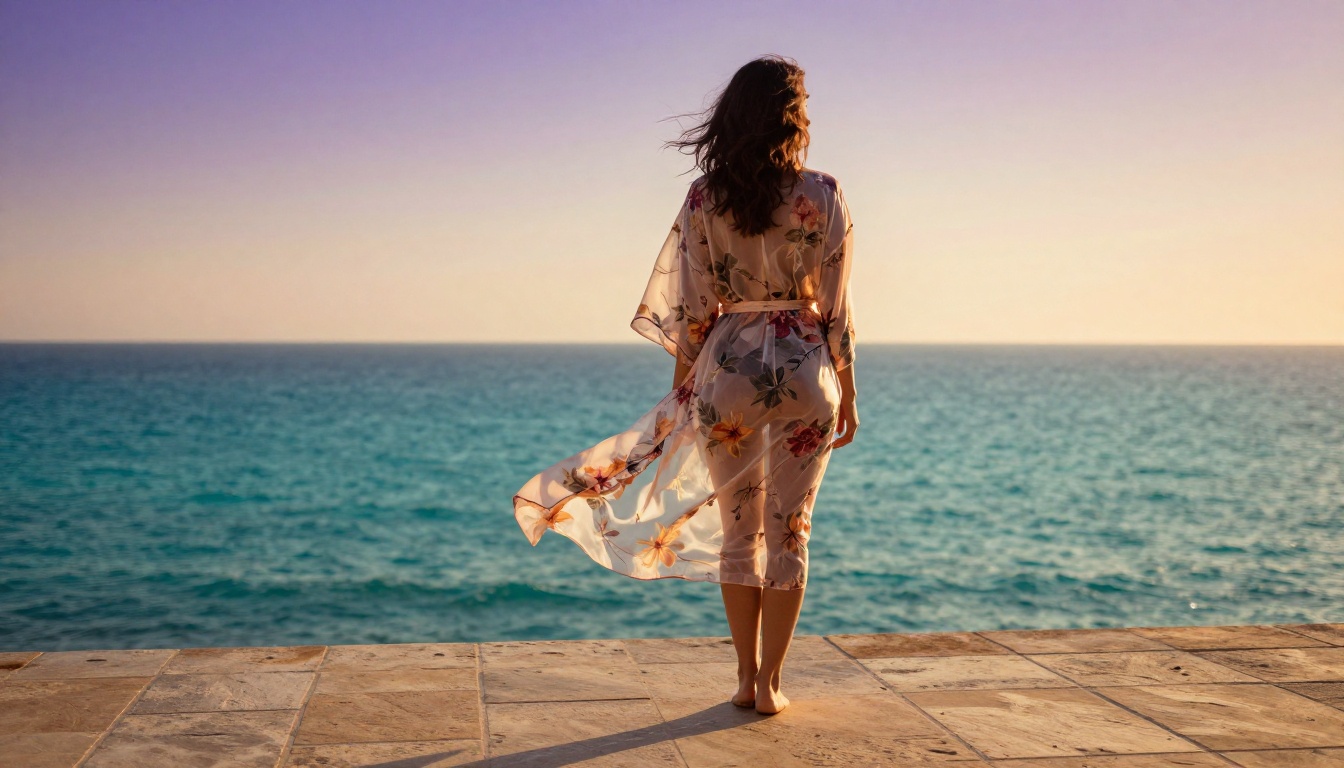 Elegant woman in sheer kimono robe on Mediterranean balcony at sunrise