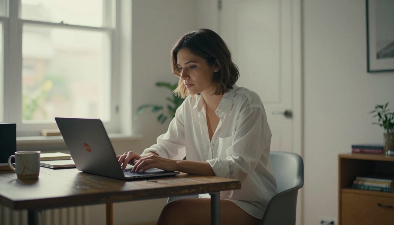 Photojournalistic candid: a woman in an oversized white shirt sits at a laptop in a sunlit morning apartment, Leica M11 50mm f/1.8, natural window light, documentary-style realism, Kodak Portra 400 film grain