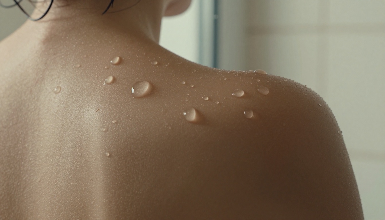 Close-up macro detail of water droplets on bare skin over a shoulder blade, Canon MP-E 65mm macro lens, diffused natural daylight, warm olive skin tone, fine hair follicles visible, 8K photorealistic quality Close-up macro detail of water droplets on bare skin over a shoulder blade, Canon MP-E 65mm macro lens, diffused natural daylight, warm olive skin tone, fine hair follicles visible, 8K photorealistic quality