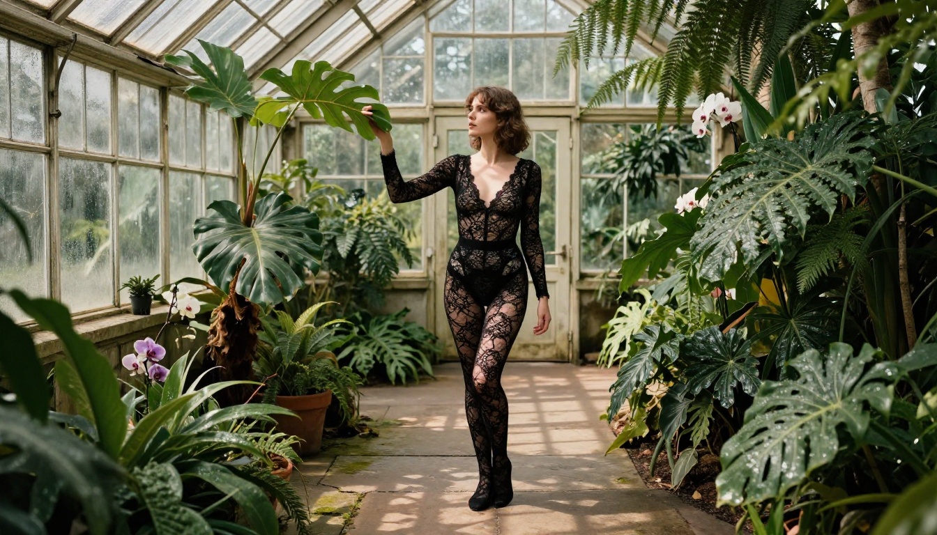 A woman in a vintage-inspired black lace bodysuit in a Victorian-era greenhouse, geometric shadow patterns from glass panes, morning light filtering through tropical plants, Hasselblad X2D 100C, 8K photorealism A woman in a vintage-inspired black lace bodysuit in a Victorian-era greenhouse, geometric shadow patterns from glass panes, morning light filtering through tropical plants, Hasselblad X2D 100C, 8K photorealism