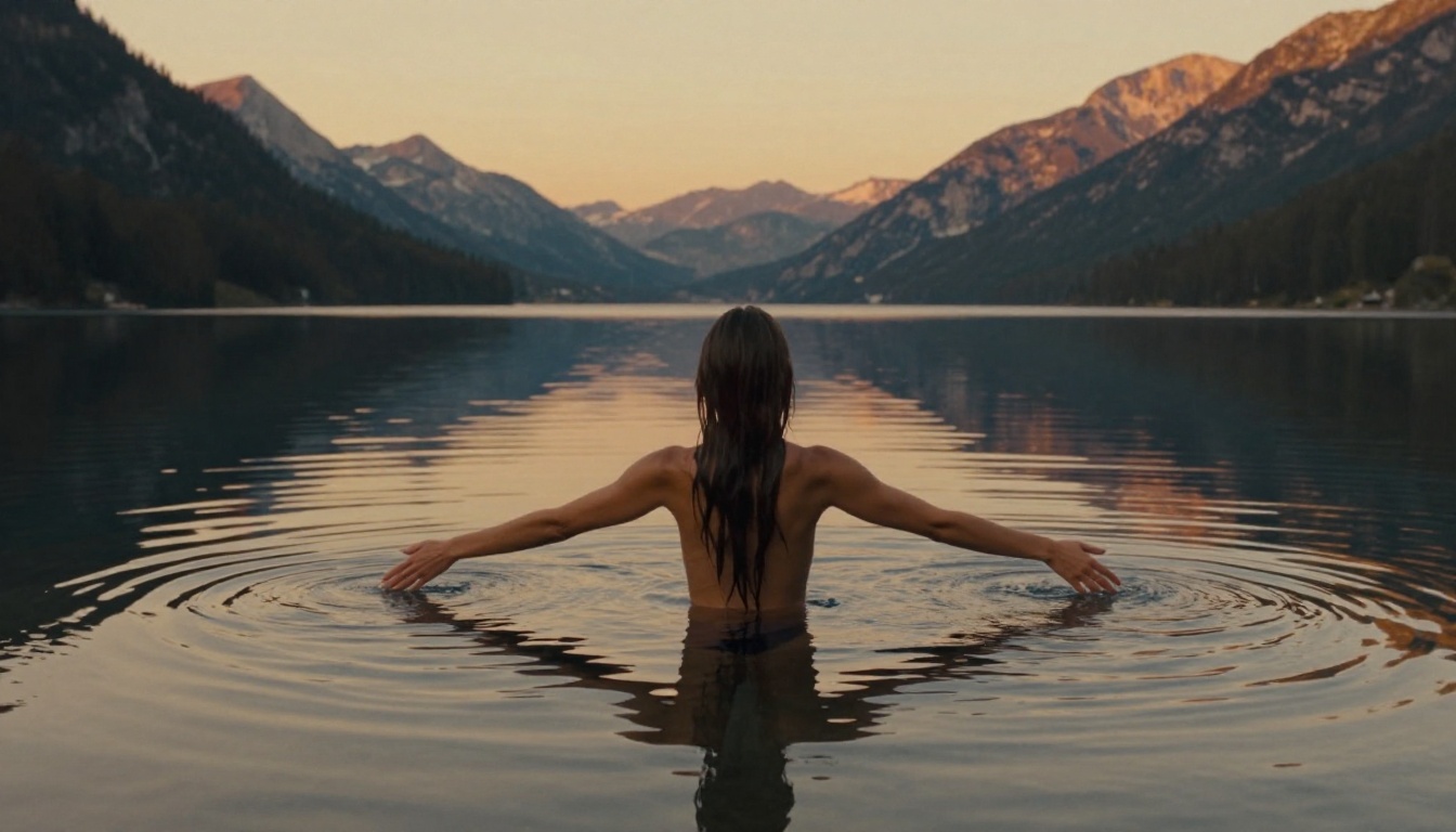 Artistic photograph of a woman from behind, standing waist-deep in a still mountain lake at golden hour, arms outstretched touching the water surface, perfect mountain reflection, Canon EOS R5 35mm f/1.4, Kodak Ektachrome, 8K photorealistic Artistic photograph of a woman from behind, standing waist-deep in a still mountain lake at golden hour, arms outstretched touching the water surface, perfect mountain reflection, Canon EOS R5 35mm f/1.4, Kodak Ektachrome, 8K photorealistic
