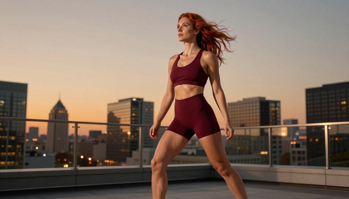Athletic portrait on rooftop terrace at magic hour, dynamic low angle Athletic portrait on rooftop terrace at magic hour, dynamic low angle