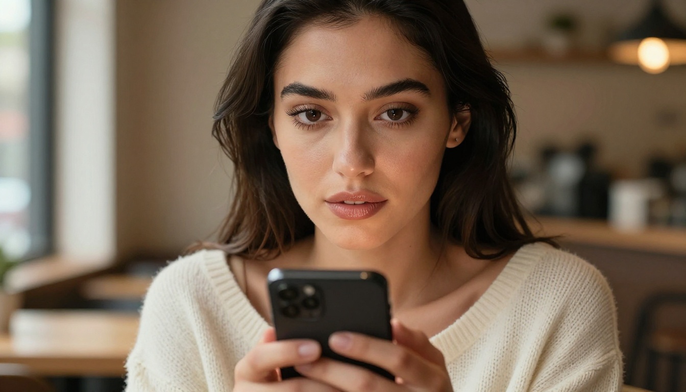 Woman having intimate conversation via smartphone in warm cafe light