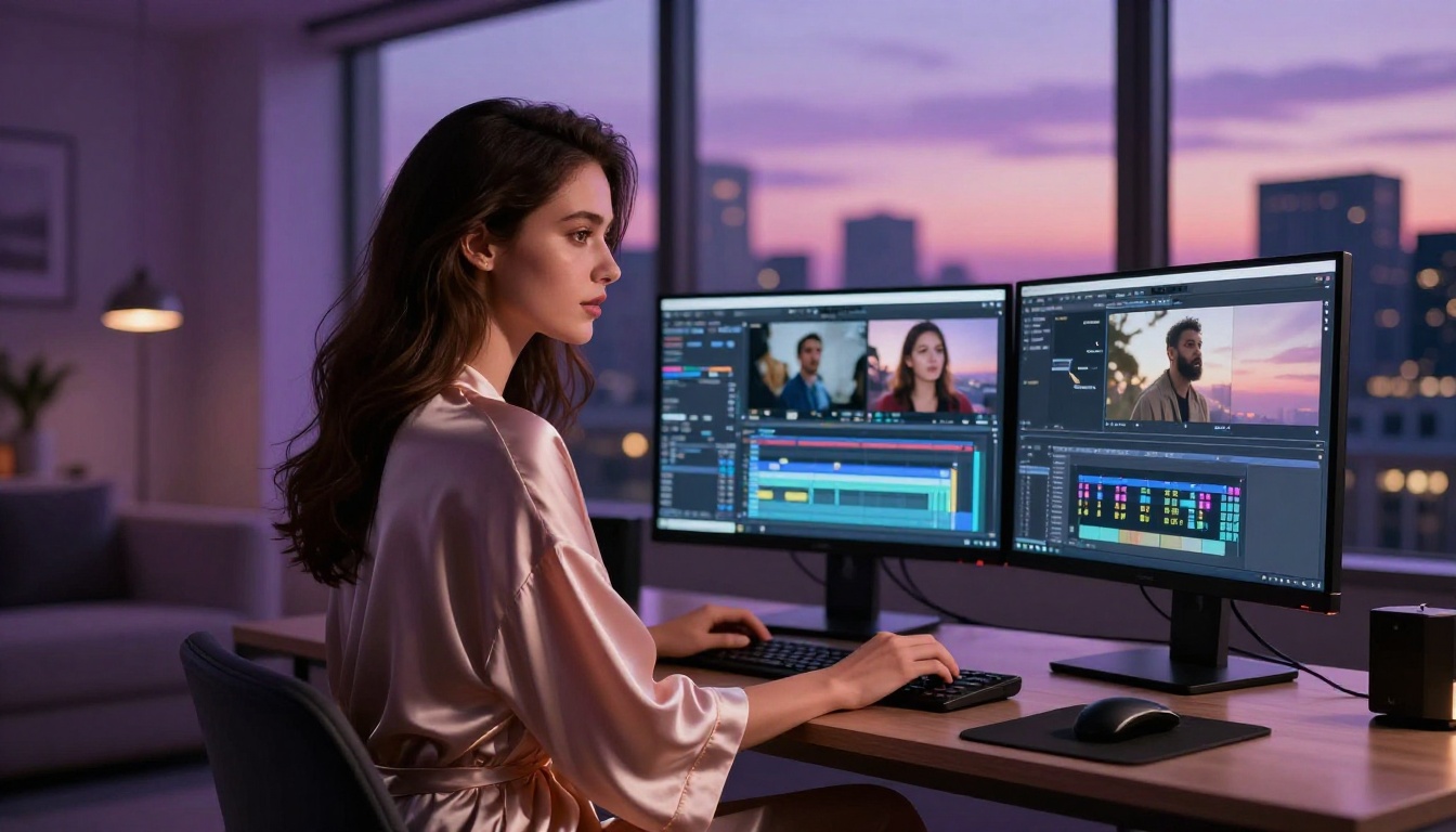 A creator working in a luxury penthouse workspace
