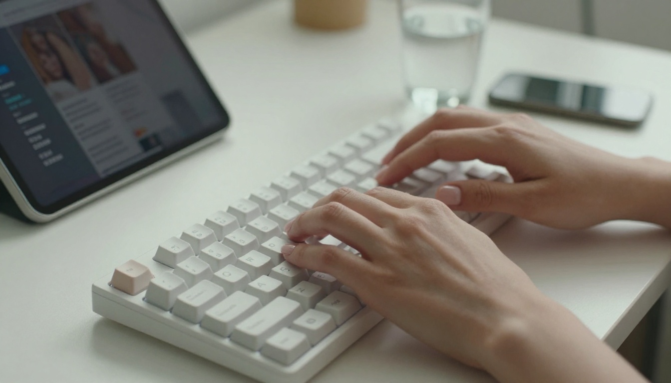 Close-up of hands typing on a keyboard with content creation tools