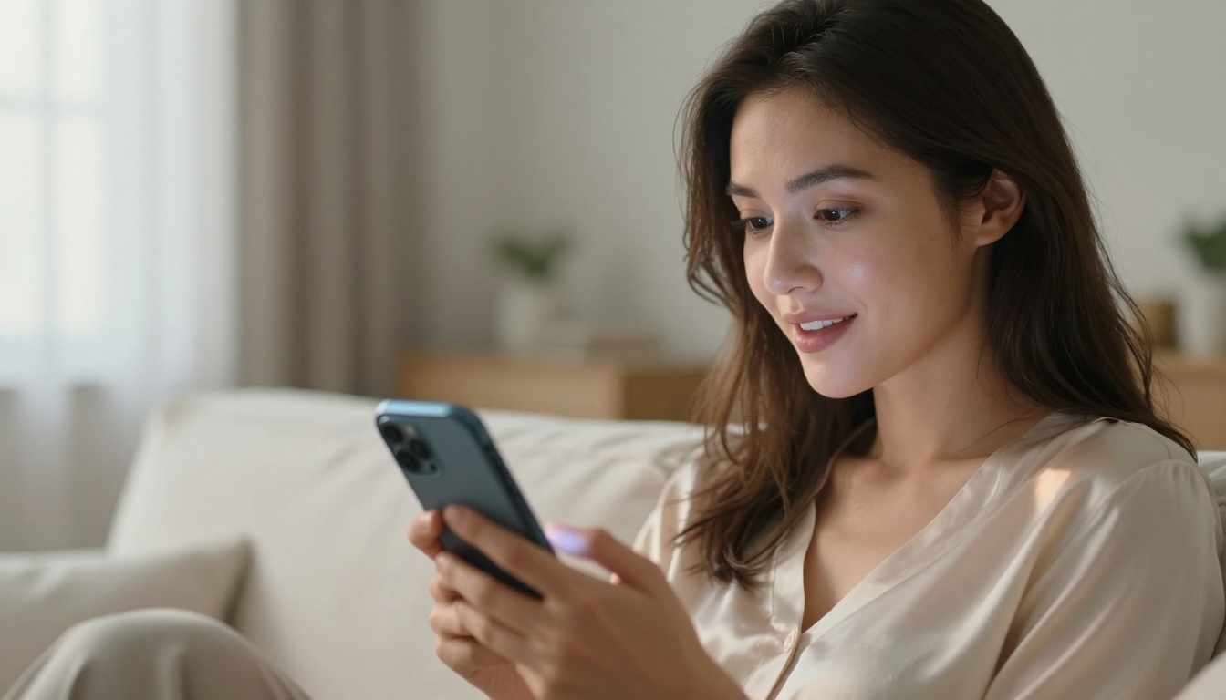A woman looks at her phone displaying a stunning AI-generated portrait, her face showing genuine amazement at the photorealistic result