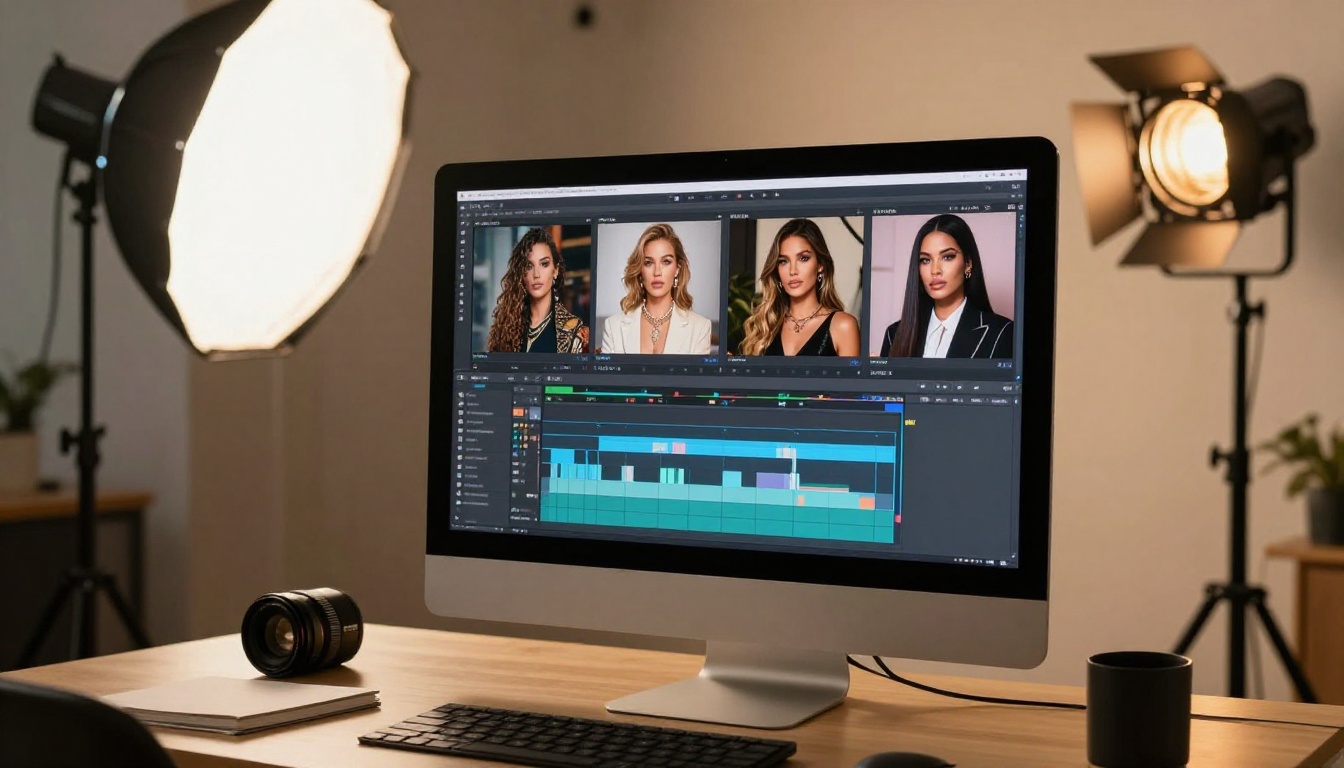 A professional creative workspace with video editing setup