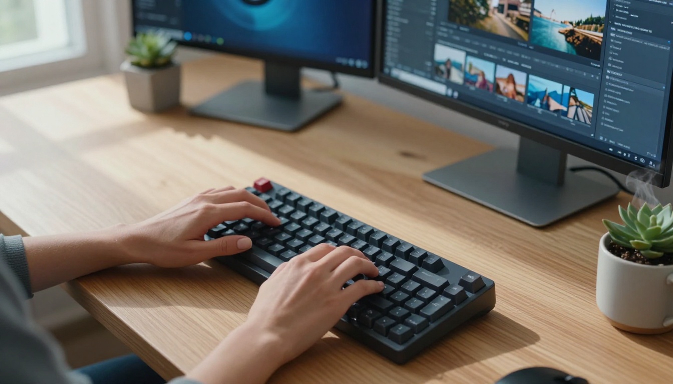 Overhead aerial shot of elegant hands typing on a premium mechanical keyboard, dual monitors in background showing image editing software with photo thumbnails, cool morning light