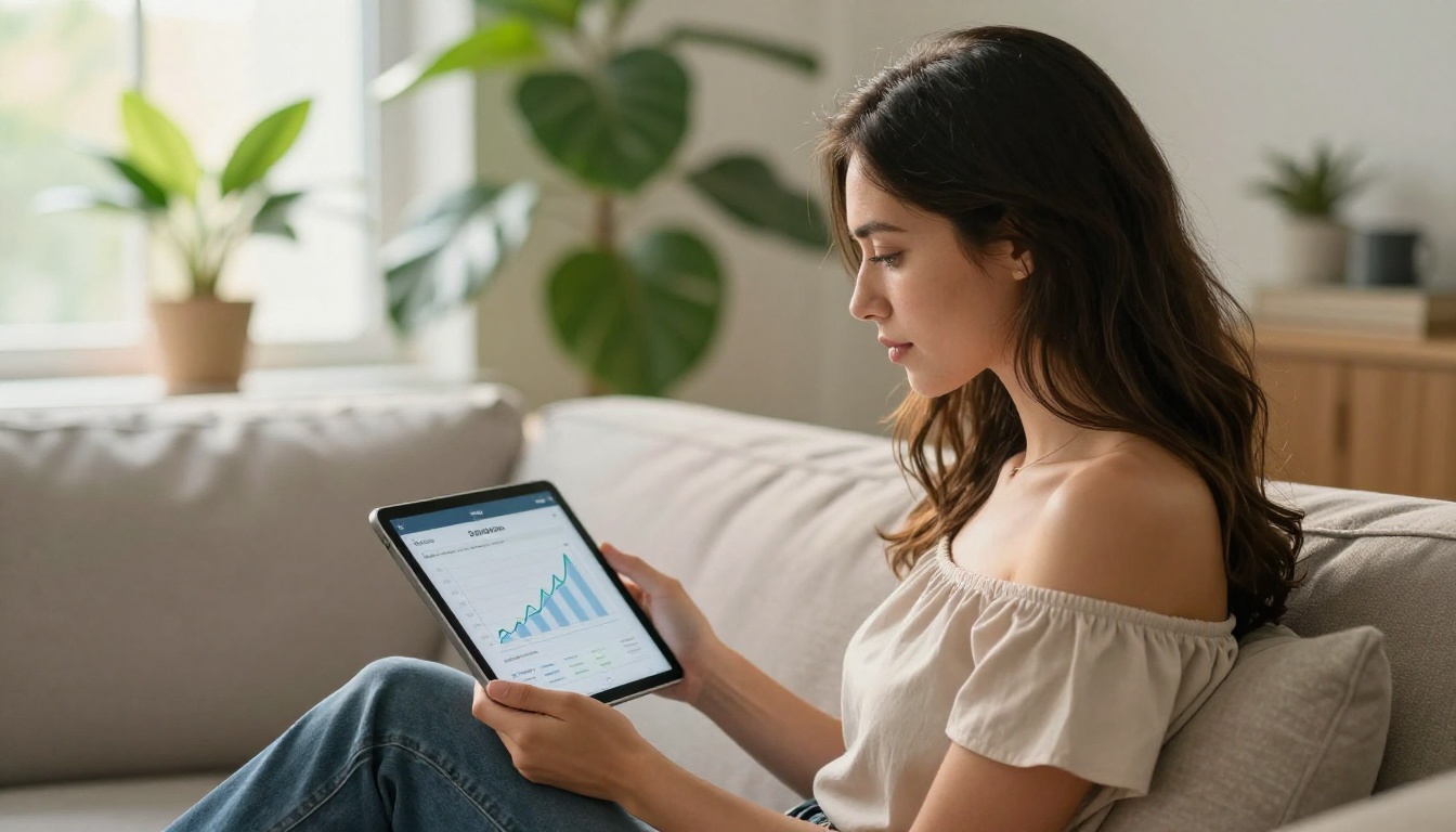 A woman sitting on a couch reviewing earnings on a tablet
