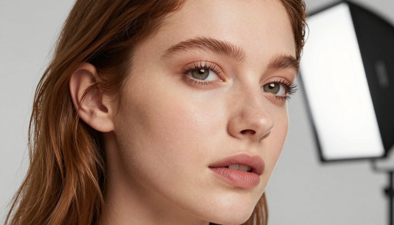Studio beauty portrait of a woman with natural skin texture under soft octabox lighting, every eyelash and pore visible, editorial photography quality with warm ivory tones