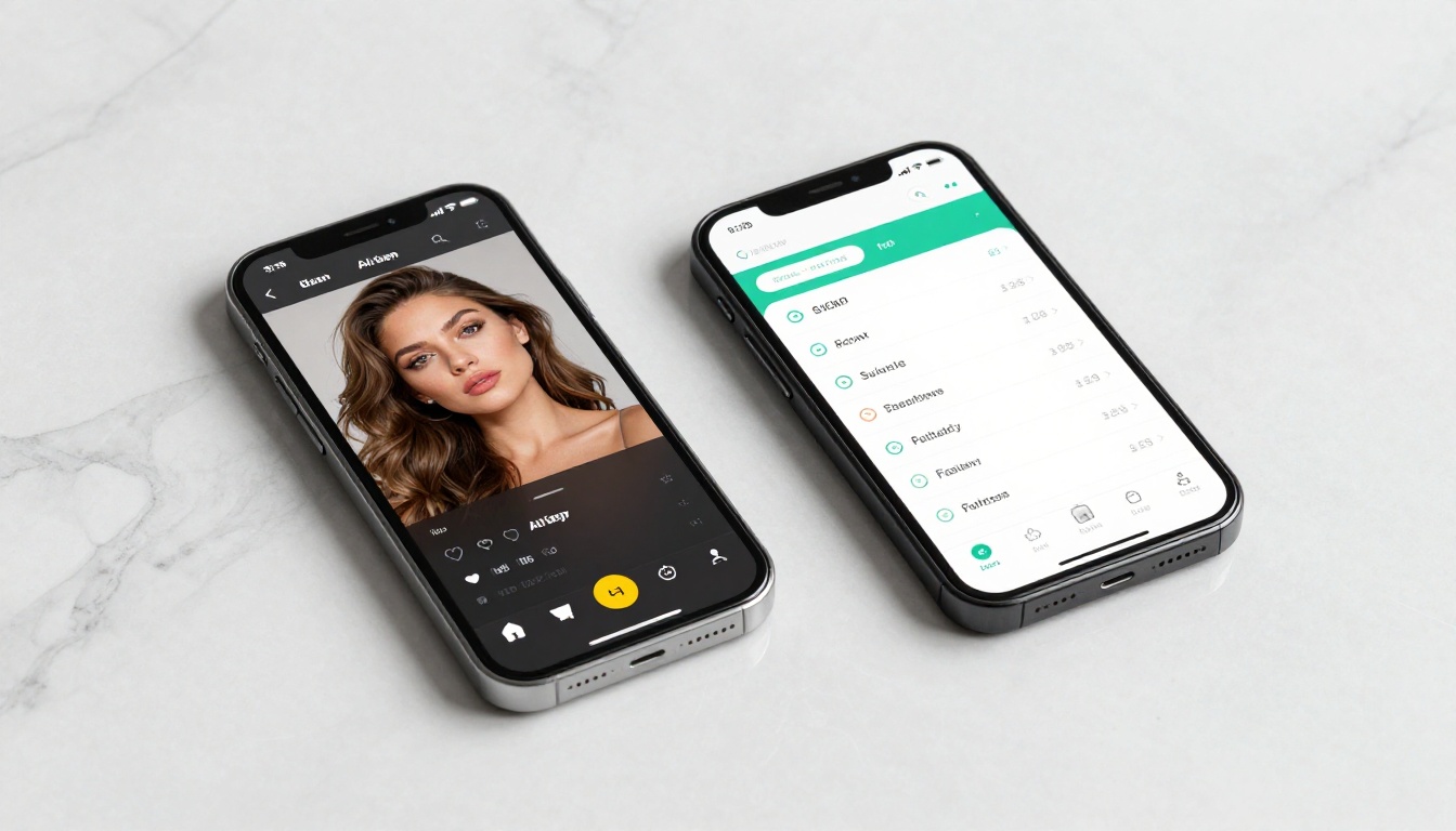 Two phones displaying AI generation and payment dashboards