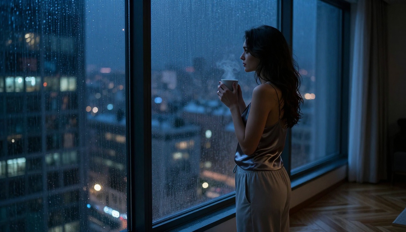 Woman silhouetted against rain-streaked window at night, city lights reflecting