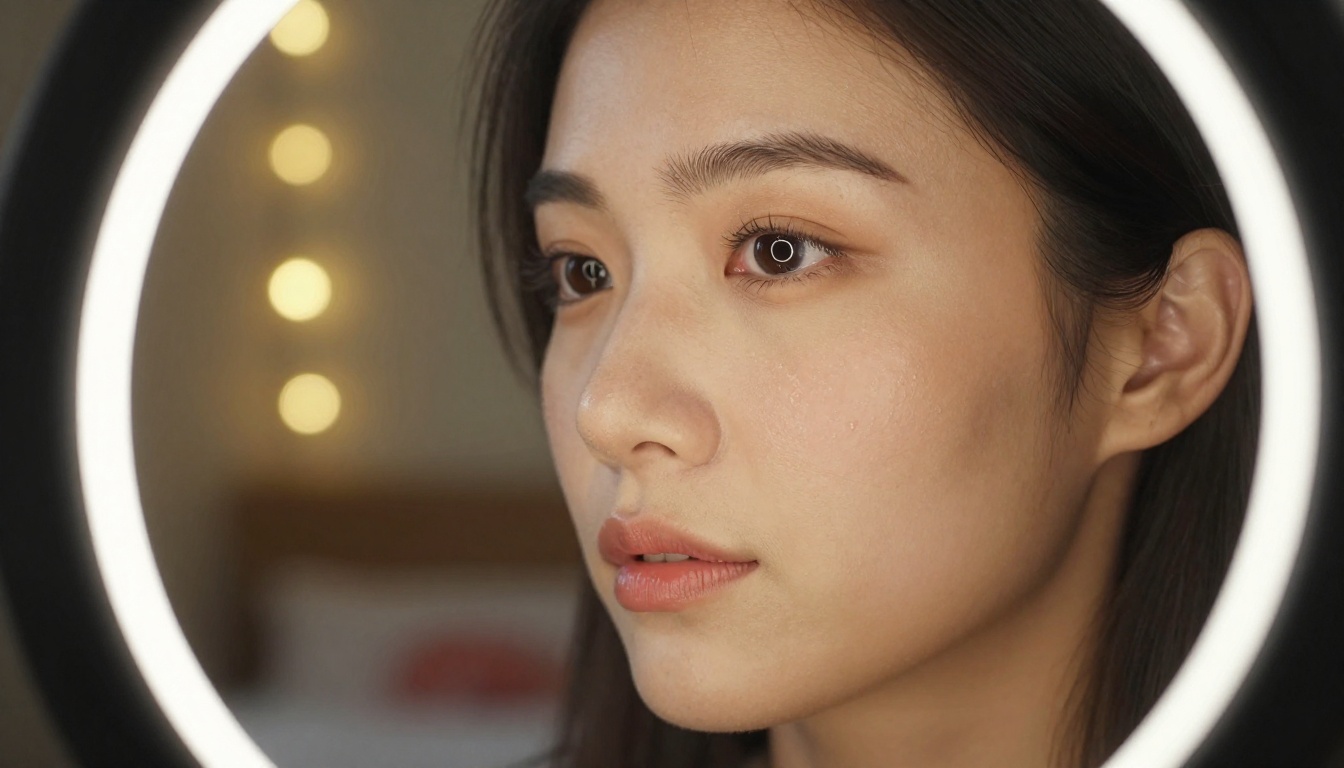 A woman looking confidently into a camera lens with ring light