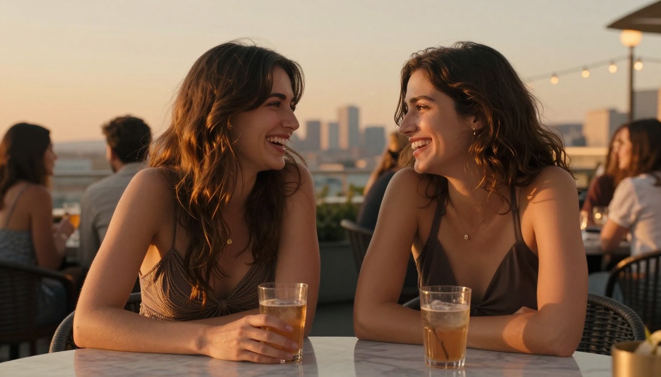 Two women laughing together at rooftop bar at sunset, natural social energy