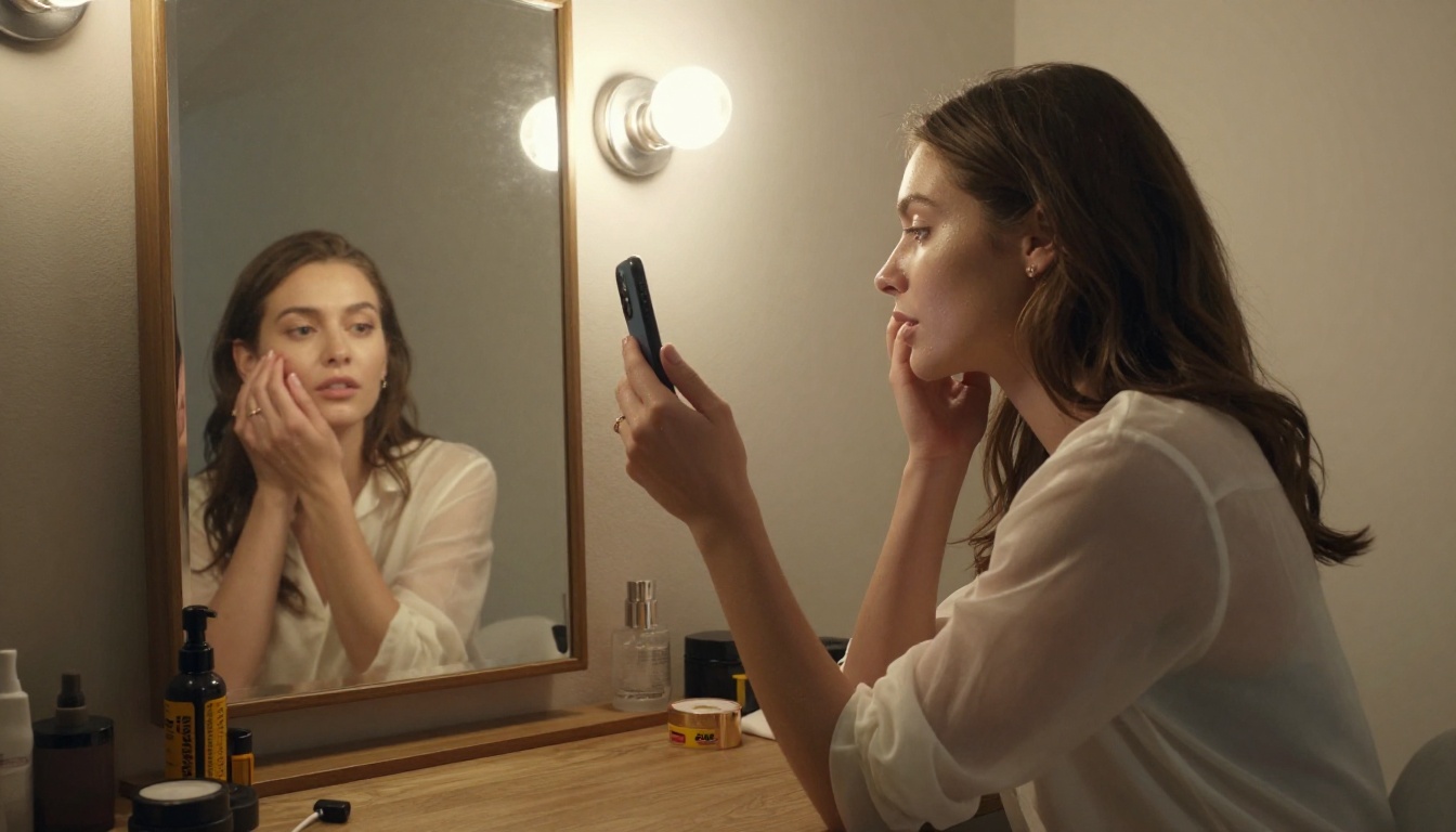 A creator at a vanity mirror recording herself with a smartphone