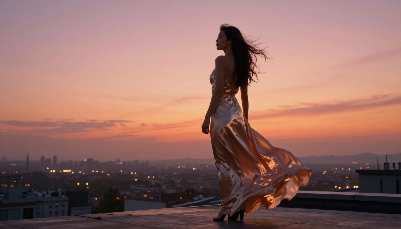 Woman in champagne silk dress on rooftop terrace at golden hour