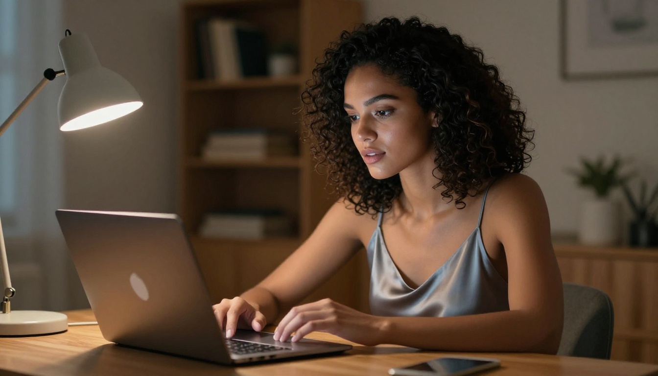 Woman with dark curly hair at a glowing laptop in home office