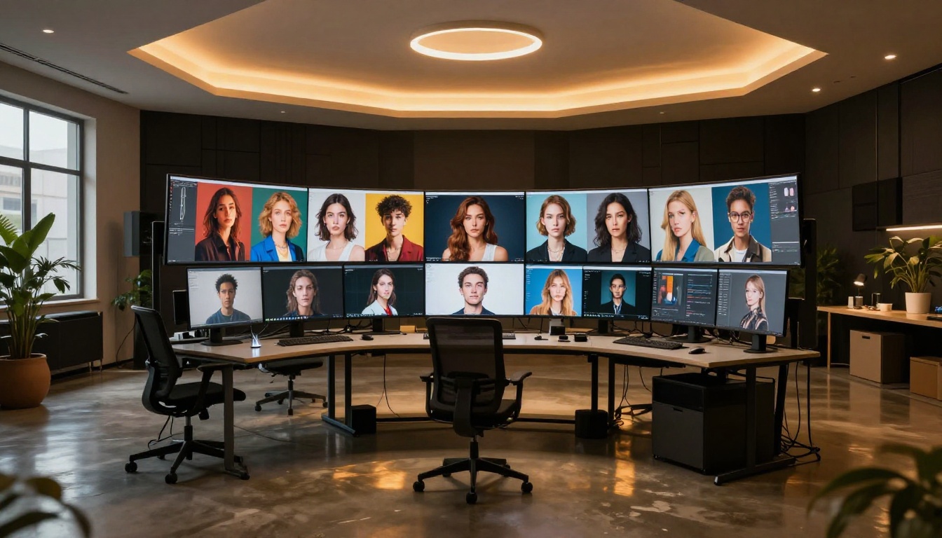 Sleek high-tech creative studio with multiple monitors in a semicircle displaying a grid of AI-generated portrait images, warm tungsten lighting and polished concrete floors