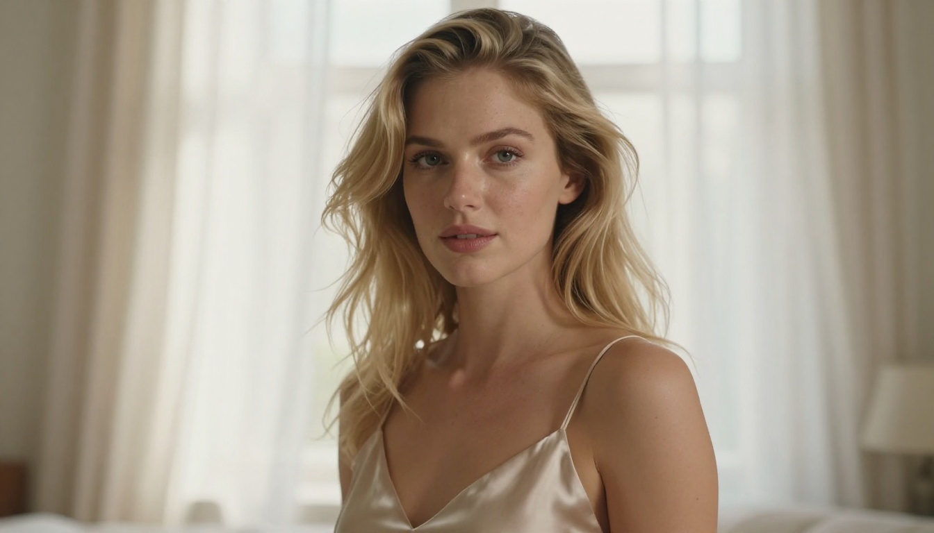 Close-up portrait of woman with flowing blonde hair in satin slip dress