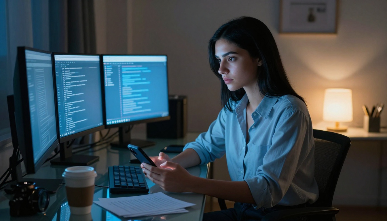 Woman at glass desk with multiple monitors, dramatic blue-warm lighting at night