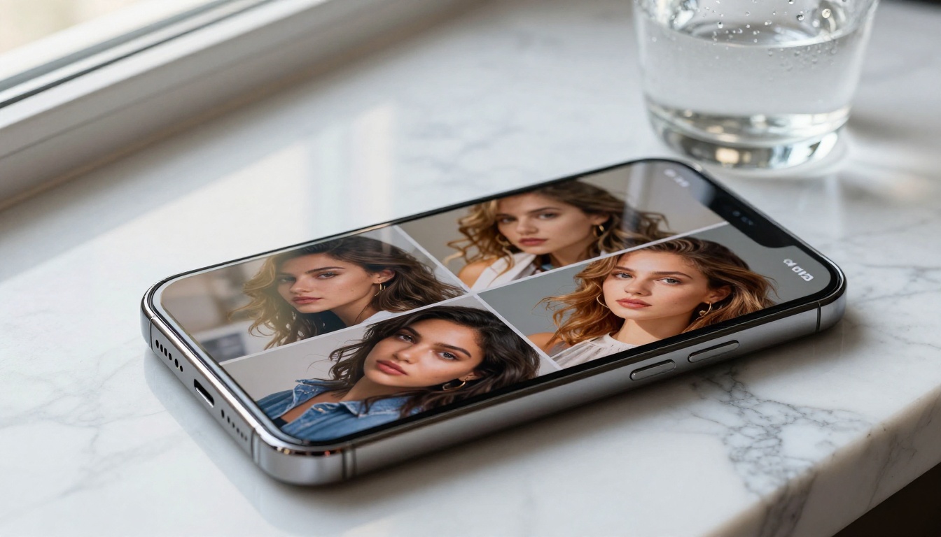 Smartphone on marble surface displaying a comparison grid of four AI-generated portrait images, cool morning light from a window, technology meets luxury aesthetic photography Smartphone on marble surface displaying a comparison grid of four AI-generated portrait images, cool morning light from a window, technology meets luxury aesthetic photography