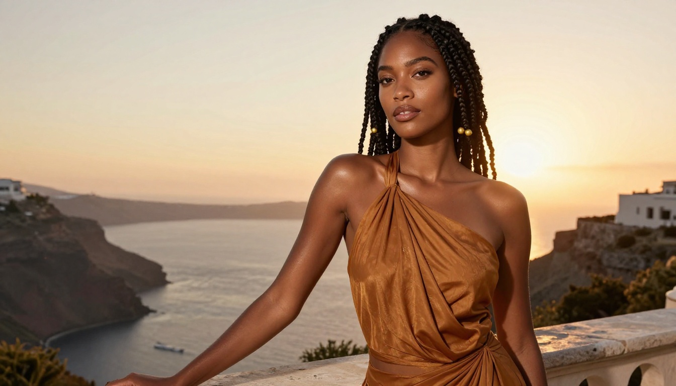 Woman on Mediterranean terrace at sunset, confident and serene
